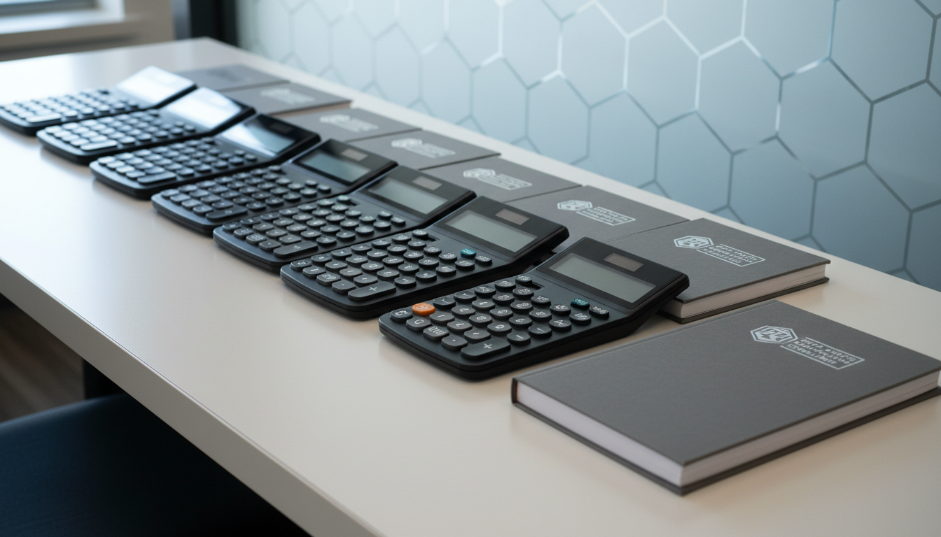 A set of precision-molded, matte-black financial calculators arranged in perfect alignment beside slim, minimalist ledgers embossed with subtle school and district emblems in silver foil. The devices are placed on an alabaster-colored desk, positioned against a backdrop of a frosted glass partition with faint geometric patterns. Cool, diffused daylight gently highlights the calculators’ buttons and the metallic emblems, creating a soft sense of dimension without harsh contrasts. The camera angle is slightly elevated, focusing sharply on the calculators yet allowing the layered depth of the workspace. The atmosphere is orderly, analytical, and composed, reflecting Stikes Athletic Consulting’s emphasis on accuracy and compliance in financial reporting for athletic departments.