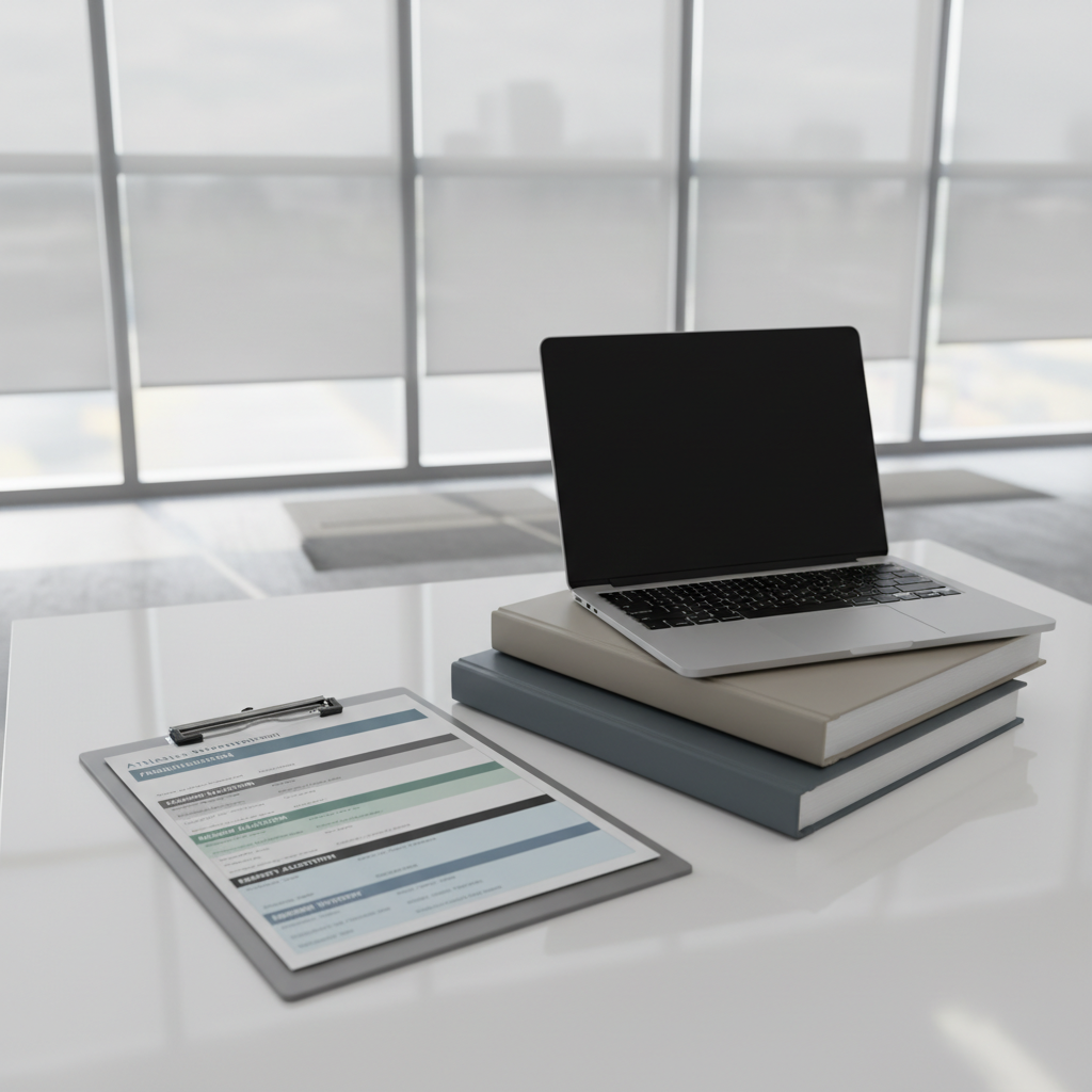A polished graphite clipboard holding a detailed, color-coded athletic department audit report, with neatly stacked neutral-toned binders and a brushed aluminum laptop (screen turned off) on a tidy, high-gloss white desk. The desk rests beside large modern windows with roller blinds, allowing soft daylight to illuminate the workspace and cast subtle, structured shadows. The shot is composed in a rule-of-thirds layout, with sharp focus drawing attention to the crisp lines and order of the workspace. The mood is efficient and calm, reflecting professional expertise and a consultative mindset. The overall style is photographic realism, featuring a structured, corporate, and clean aesthetic perfectly suited to consulting for high school athletics.