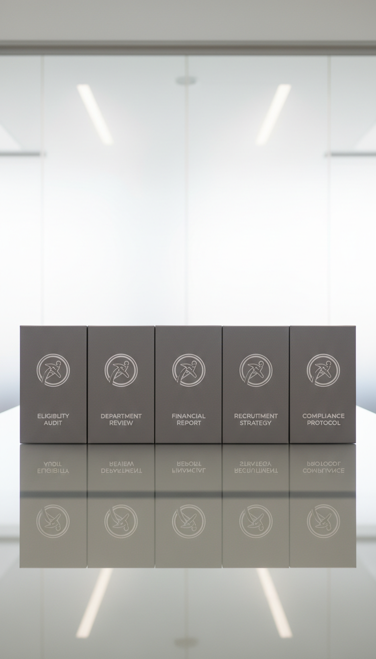 A meticulously organized row of sleek grey athletic folders with embossed silver logos, each labeled with terms like "Eligibility Audit," "Department Review," and "Financial Report" in understated modern typography. These folders are arranged on a matte glass conference table with no human presence, set against a wall of frosted glass panels. Soft, diffused daylight filters in, producing gentle highlights and creating a crisp, clean reflection on the table surface. Captured at eye level with a centered composition and balanced layout, the image expresses precision and professionalism, embracing a corporate aesthetic with clean lines and neutral tones, in a photographic realistic style. The visual underscores the business's consulting expertise and methodical approach for athletic departments.