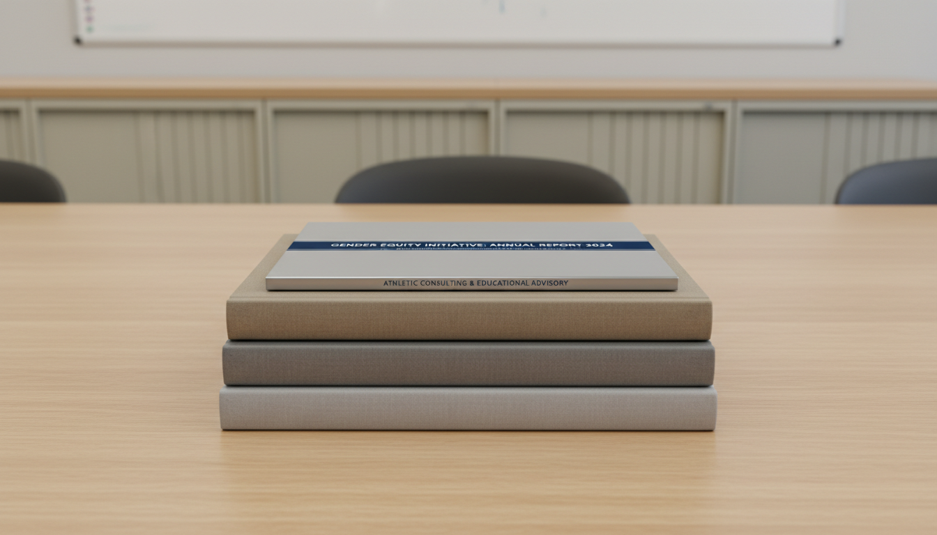 A formal printout of a gender equity report bound in a slim, silver metallic folder, neatly positioned atop a stack of muted grey and taupe ledgers on a smooth, uncluttered wooden conference table. The background includes soft, blurred vertical file cabinets in neutral hues and a thin strip of a wall-mounted whiteboard in frame. Overhead recessed LED lighting bathes the entire area in even, clean light, resulting in minimal shadows and a serene, businesslike mood. Captured from an elevated angle with symmetrical framing, the image emphasizes order, balance, and transparency—qualities central to athletic consulting and rigorous reporting for educational institutions. The photographic style is crisp and modern with a focus on clarity.